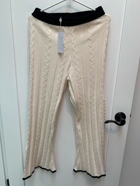 Sage Cream Cable-Knit Wide Leg Pants with Black Trim